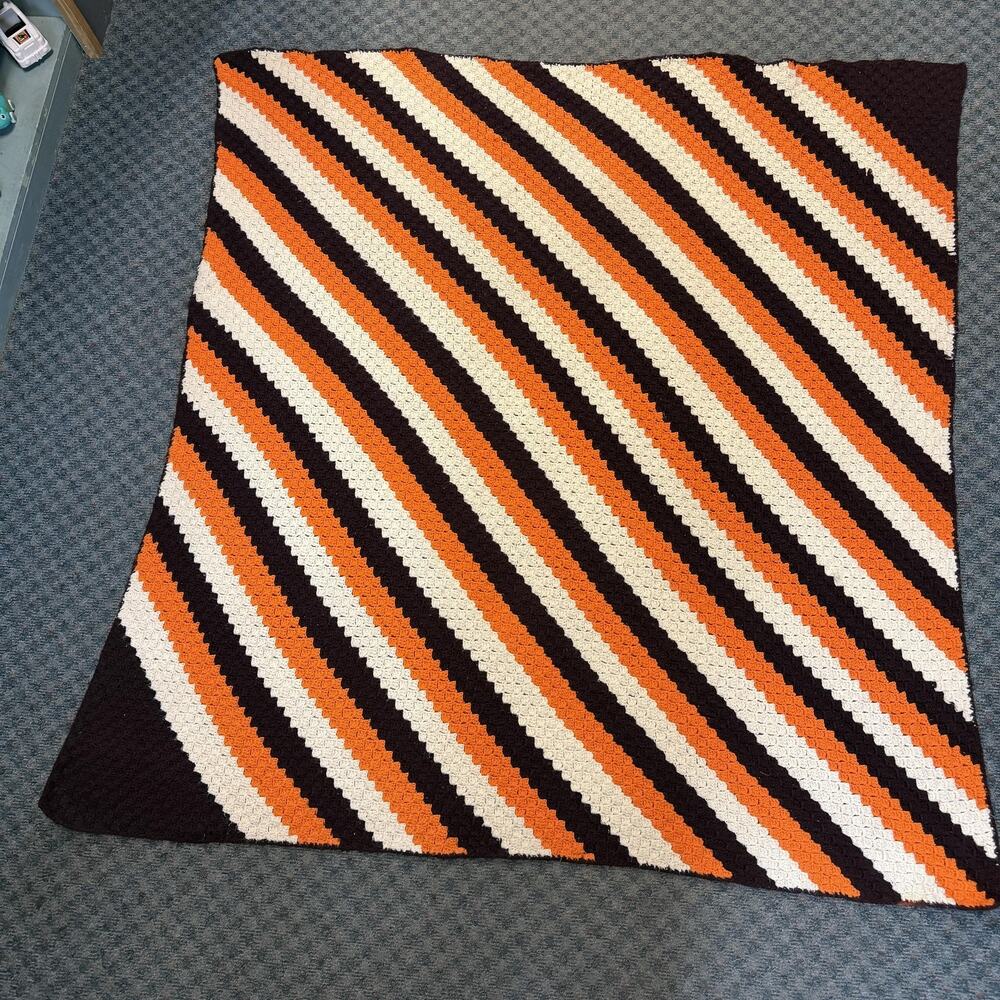 Handmade Knitted Striped Throw Blanket 67x64 White Orange Brown Retro Cozy